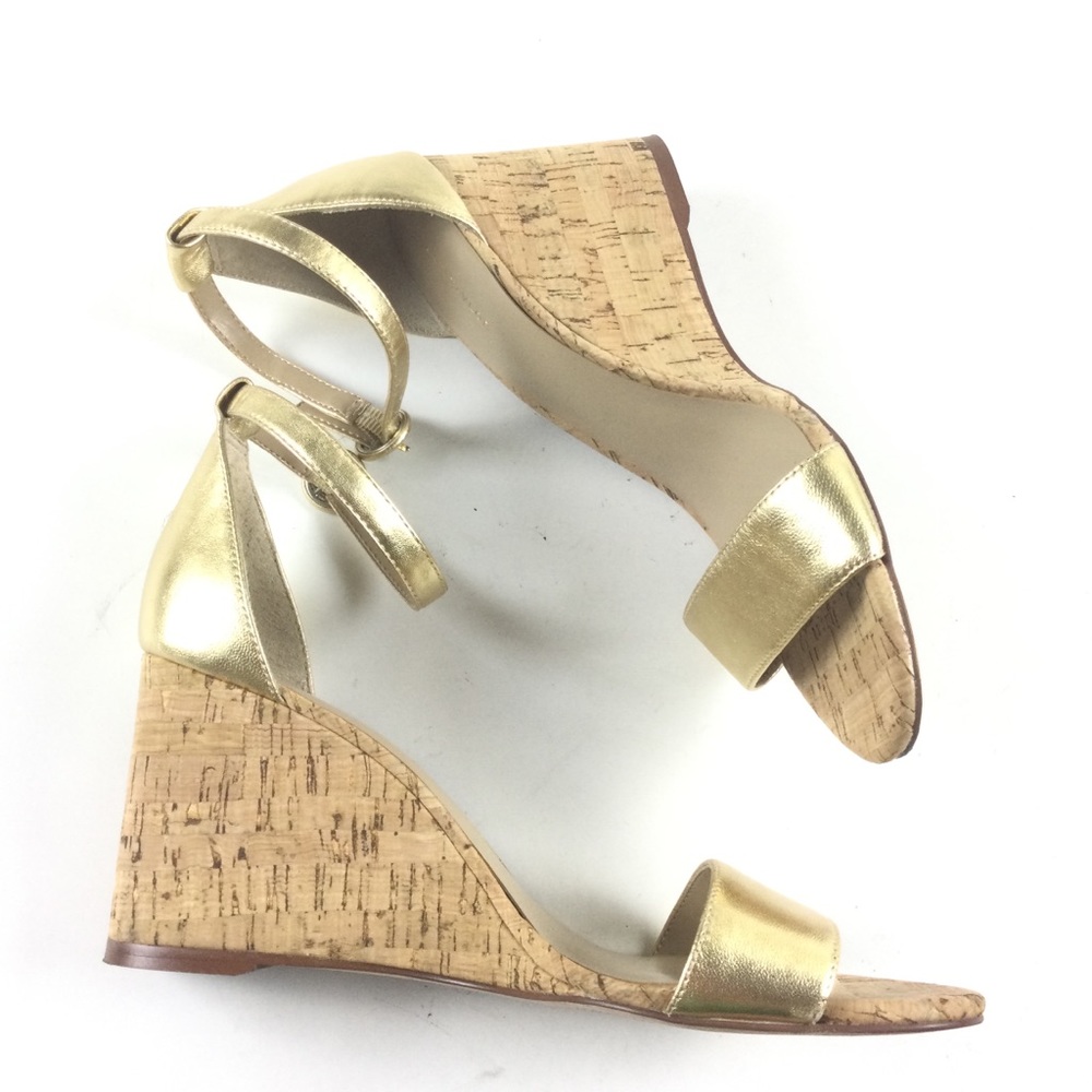 ANN TAYLOR Brett Cork Metallic Gold Wedge Ankle Strap Sandal Sz 9 - Picture 7 of 12